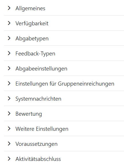 Abschnitte der Einstellungen der Aktivität Aufgabe