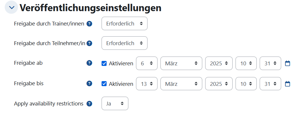 Optionen der Veröffentlichungseinstellungen