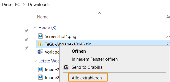 Screenshot Zip-Datei entpacken