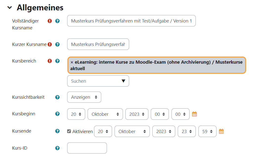 Kurs duplizieren Einstellungen