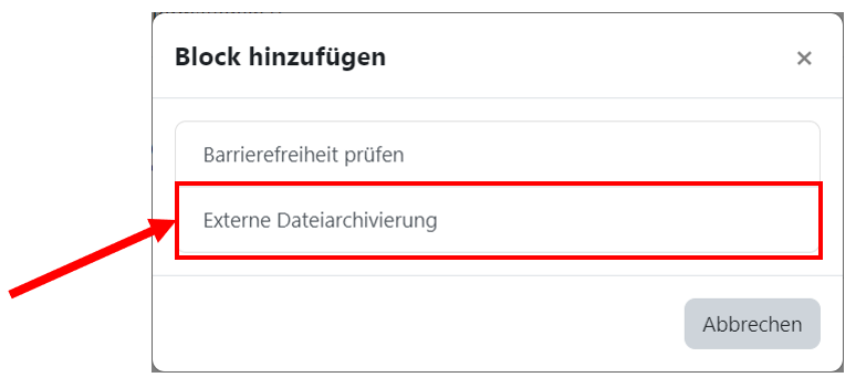 Auswählen der Externen Dateiarchivierung zum Hinzufügen in die Blockleiste