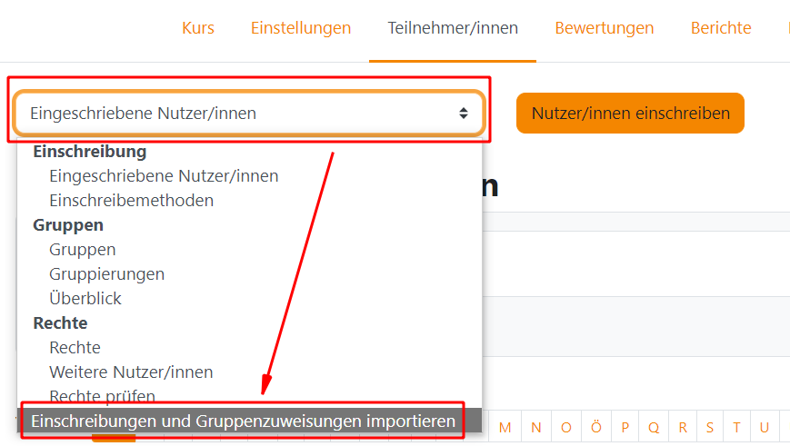 Menüpunkt Einschreibungen und Gruppenzuweisungen importieren