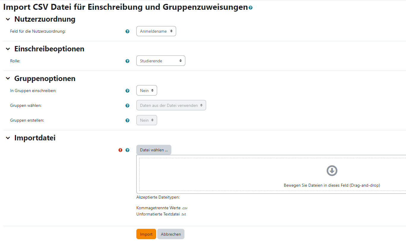 Einstellungen für die csv-Einschreibung